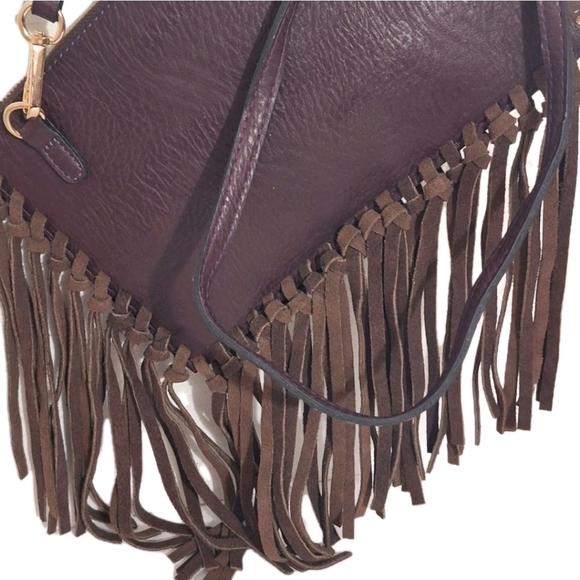 Free People Foreverly Crossbody Handbag Purse Purple Brown Faux Suede Fringe EUC - Picture 5 of 11